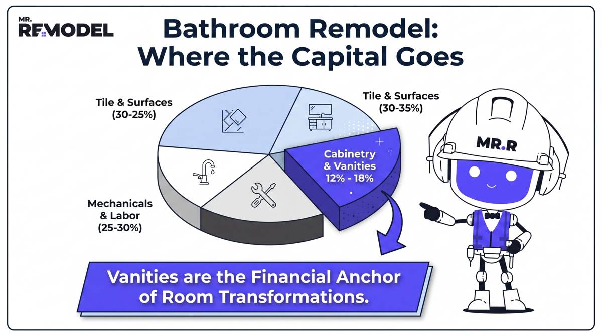 A pie chart detailing 2026 bathroom remodeling budget allocations, highlighting that vanities consume up to 18% of total project funds.